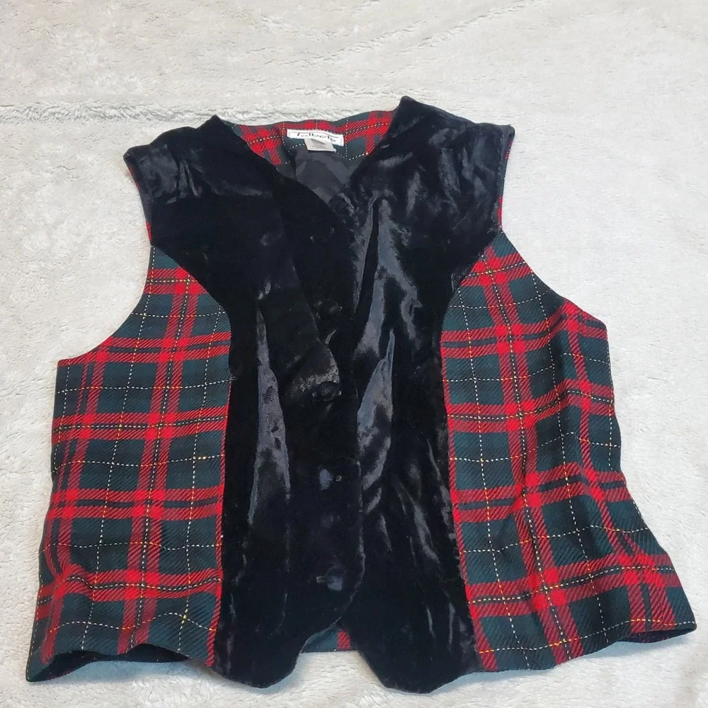 Vintage‎ Talbots Red Green Tartan Plaid Black Velvet Wool Vest 4 Retro Classic
